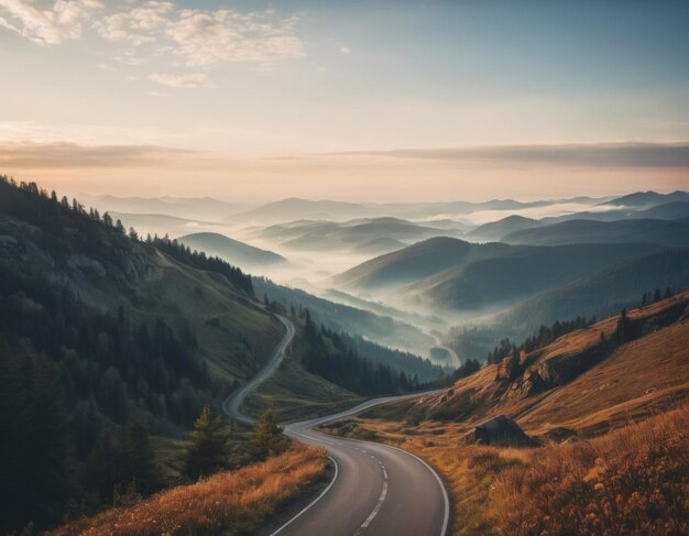 写真 秋の山と雲の中の道路の上からの驚くべき景色