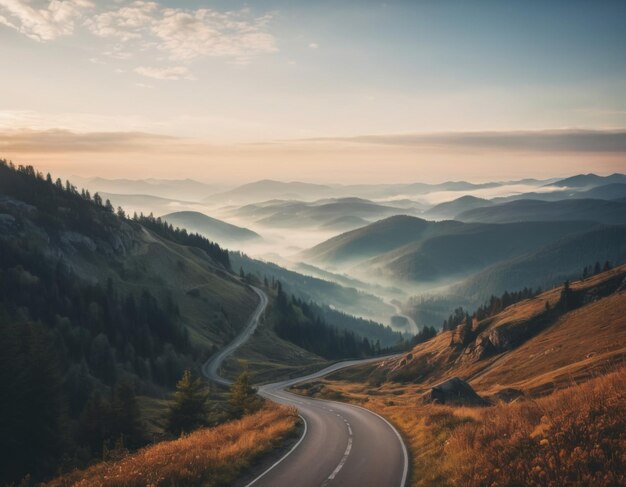 秋の山と雲の中の道路の上からの驚くべき景色