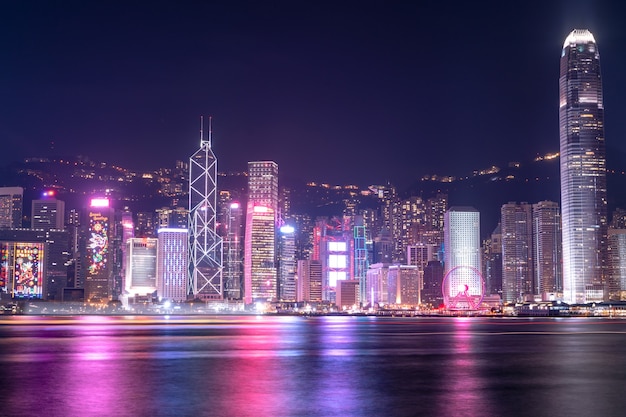 The amazing view of Hong-Kong cityscape full of skyscrapers from the rooftop.