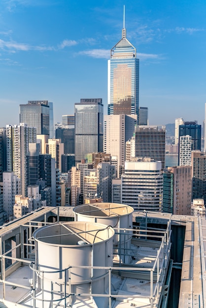 The amazing view of Hong-Kong cityscape full of skyscrapers from the rooftop.