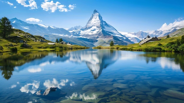 Amazing view of the Matterhorn from the Riffelsee lake in Switzerland The crystalclear water reflects the beauty of the mountain