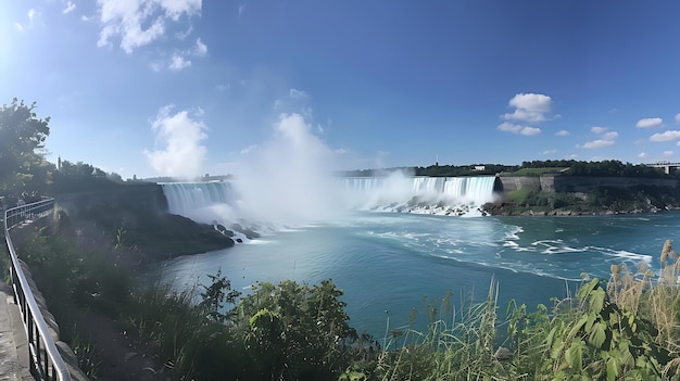 Photo amazing view of niagara falls on a sunny day the water is a beautiful blue and green color and the mist from the falls creates a rainbow in the air
