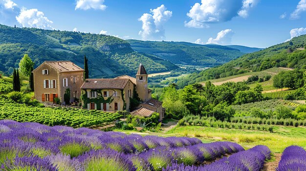 写真 フランス・プロヴァンスのラベンダー畑の美しい景色 谷の真ん中に石の家と塔のある小さな村があります