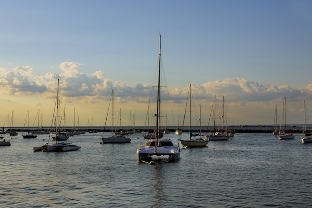 Amazing view to private ocean bay with yachts at sunset