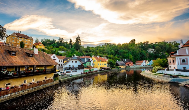 Amazing view of river in front of exciting cesky krumlov cityscape