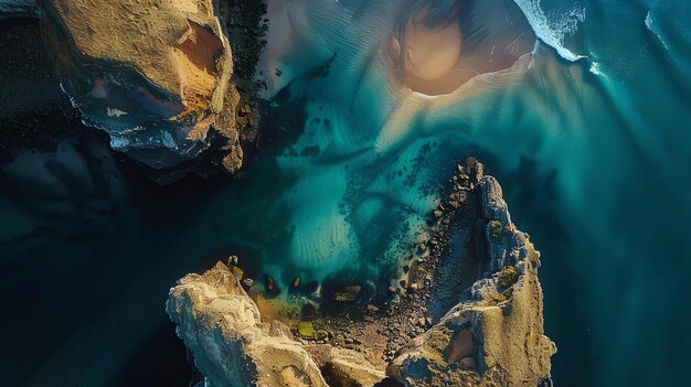 Amazing view of a rocky coastline with a beautiful blue sea The water is crystal clear and you can see the waves crashing against the rocks