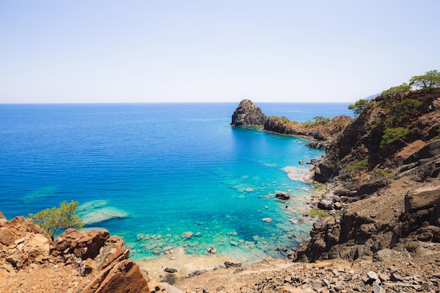 Amazing view of the turquoise water bay in Cirali, Lycian Way, Antalia region, Turkey