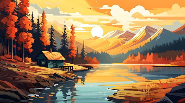 Photo amazing view on the wooden cabin in the mountain forest ai generated image in art deco style