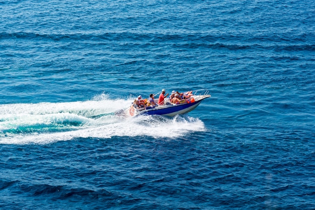 Amazing view to yacht and clear dark blue water summer paradise