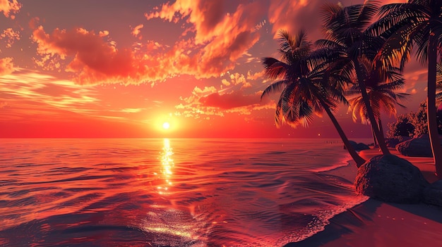 Photo amazing vivid sunset over calm sea with palm trees on sandy beach red orange sky and cloudscape tropical beach sunset landscape