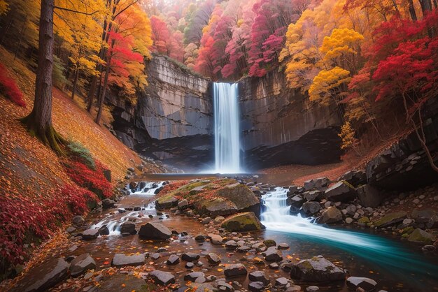 Удивительный водопад в красочном осеннем лесу