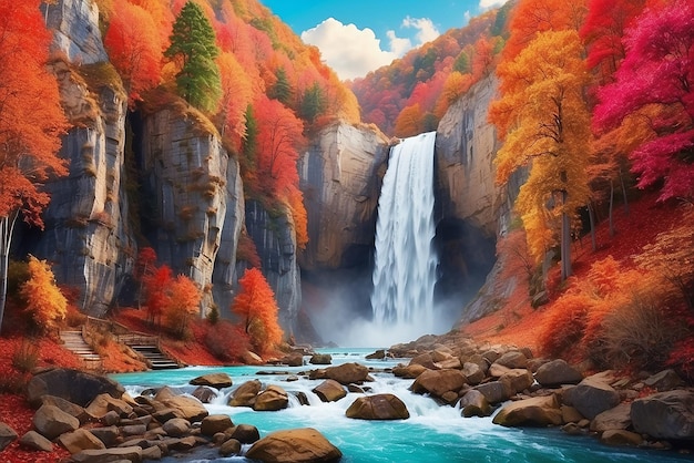 Удивительный водопад в красочном осеннем лесу