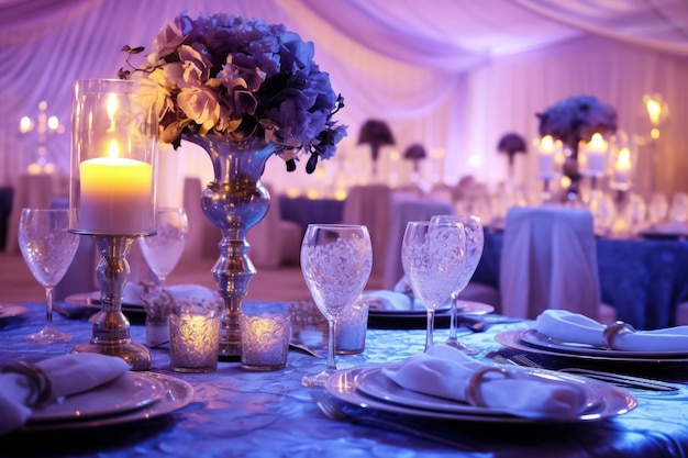 Amazing wedding table decoration with flowers on wooden tables