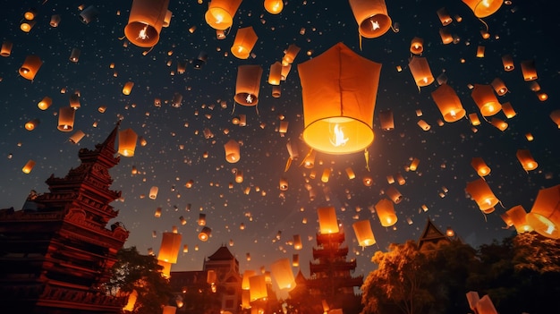 Photo amazing yee peng festival and sky lanterns at night in chiang mai thailand