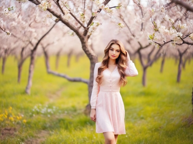 Amazing young woman posing in apricot tree orchard at spring