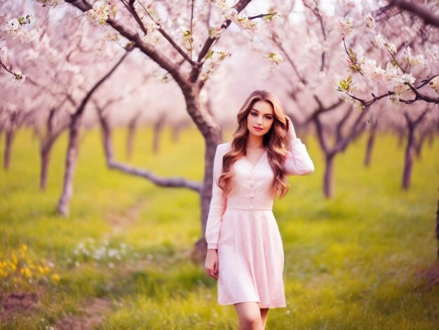 Photo amazing young woman posing in apricot tree orchard at spring