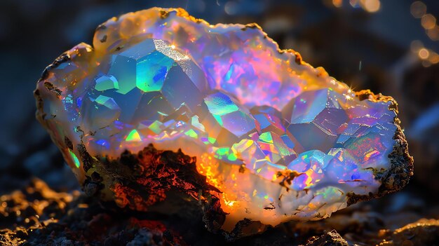 Photo amazingly beautiful iridescent opal with vibrant rainbow colors and patterns glowing and shining rough gemstone opal with bright and vivid colors