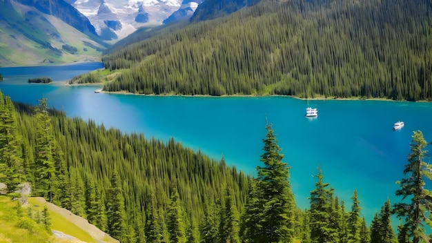 Amazingly beautiful nature landscape of a mountain lake with a turquoise sparkling water surface