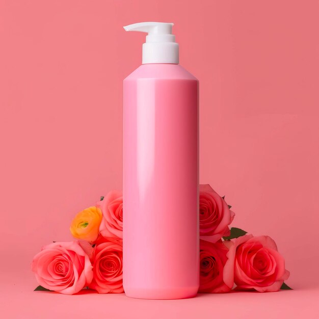 Amazon Product Picture Body Wash Cylinder Bottle Solid Color pink background with roses AI Generative