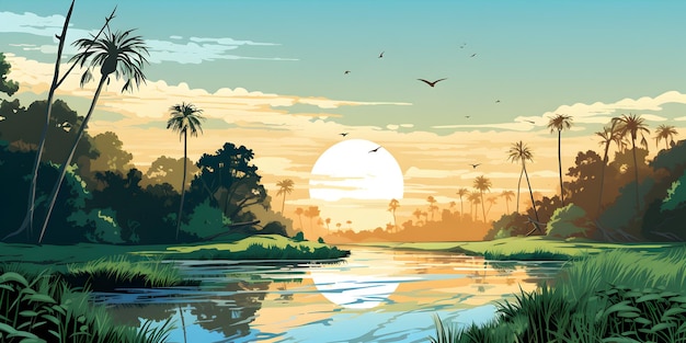 Amazon river landscape illustration background