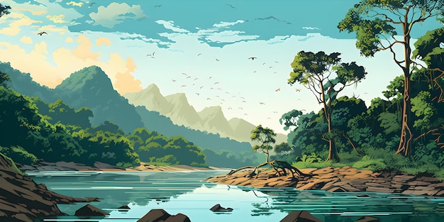 Amazon river landscape illustration background