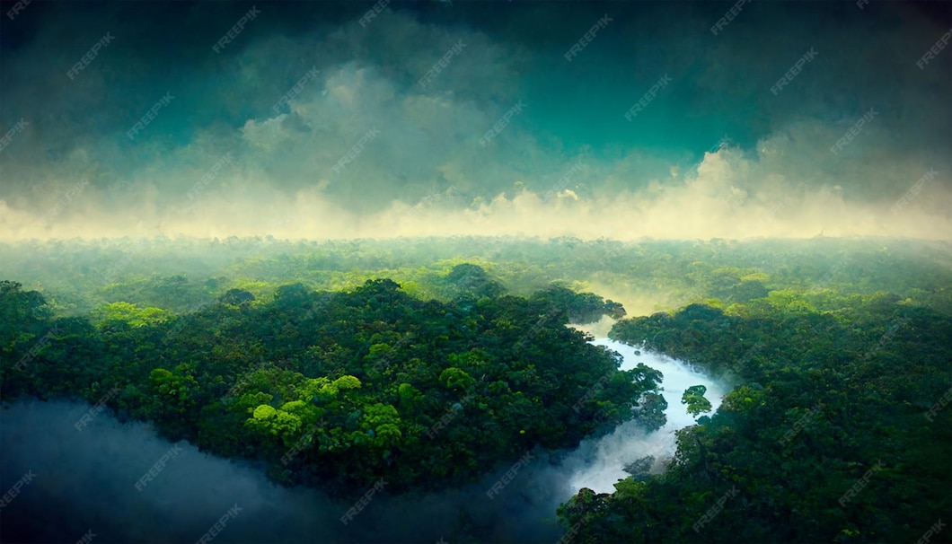 Premium Photo | Amazon river rain forest trees from avobe the sky