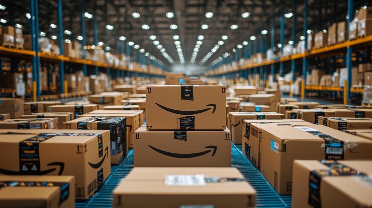 Photo アマゾンの倉庫はブラックフライデーの出荷に備えたパッケージと製品でいっぱいです