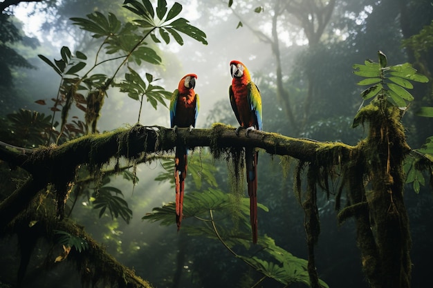 Amazone Regenwoud Een levendige symfonie van flora en fauna in een mistige omgeving