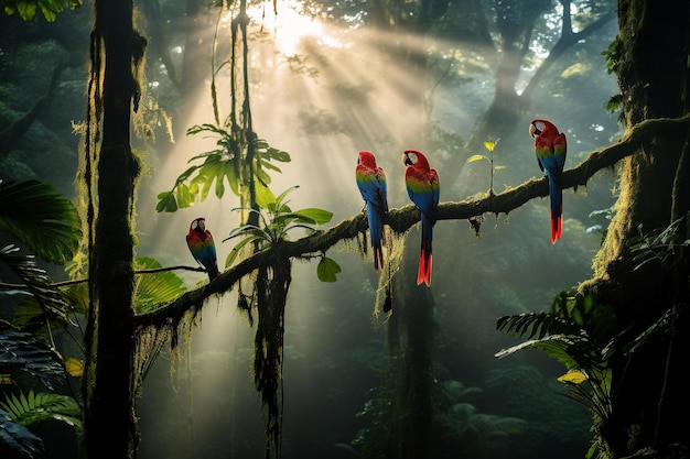 Amazone Regenwoud Een levendige symfonie van flora en fauna in een mistige omgeving