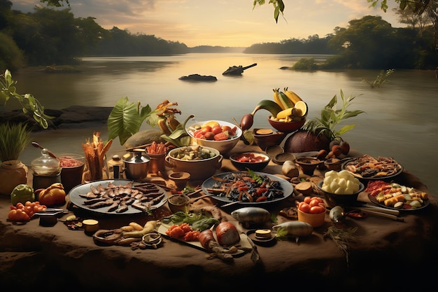 Amazonian Delicacies Unveiled Serene Riverbank Feast with Tambaqui Tucunar and Pirarucu Specialt