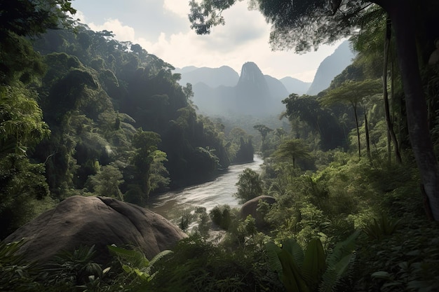 Amazons jungle with canopy of trees and winding river surrounded by towering cliffs