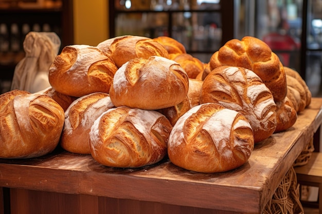 Ambachtelijke broden gerangschikt in een bakkerij-display