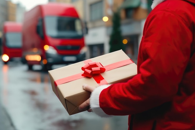 ambachtelijke geschenkdoos in de handen van de bezorger Nieuwjaars- of kerstcadeaus verzenden