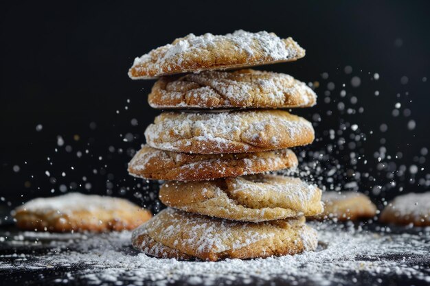 ambachtelijke koekjes op zwarte achtergrond met suikerpoeder glas