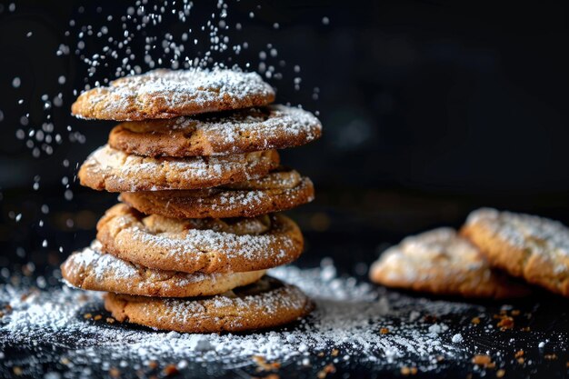 Foto ambachtelijke koekjes op zwarte achtergrond met suikerpoeder