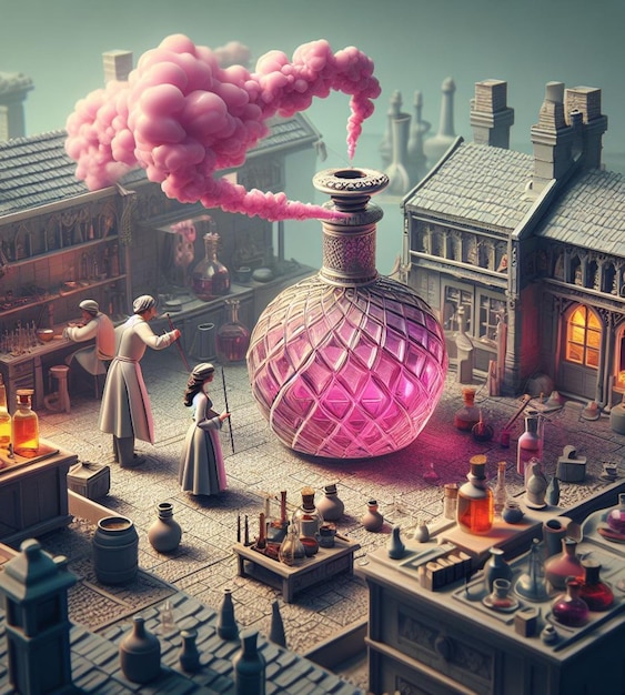 Ambachtelijke parfumelixerdrankmaker apotheker die product bereidt in middeleeuws steampunklaboratorium
