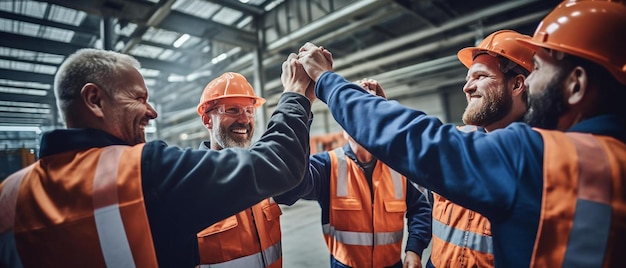 ambachtslieden team is succesvol en maakt hoge vijf motivatie in een fabriek hal