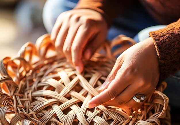 Foto ambachtsman die werkt aan strookmandjes traditioneel ambacht handgemaakte ai gegenereerd