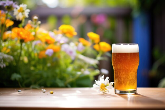 Amber ale in garden flowers and daylight