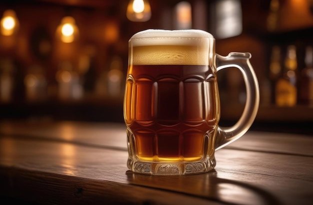 Amber beer in mug with frothy head on bar counter with copy space empty pub in background