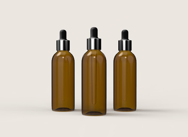 Amber Dropper Bottles on Beige Background. Isolated Product. 3d rendering