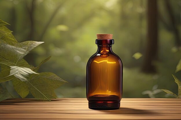 Amber glass bottle label free amid natural wood and serene nature backdrop Organic essence