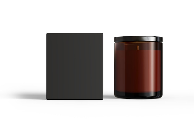 Photo amber glass candle jar with lid and box isolated on transparent background container candle mockup