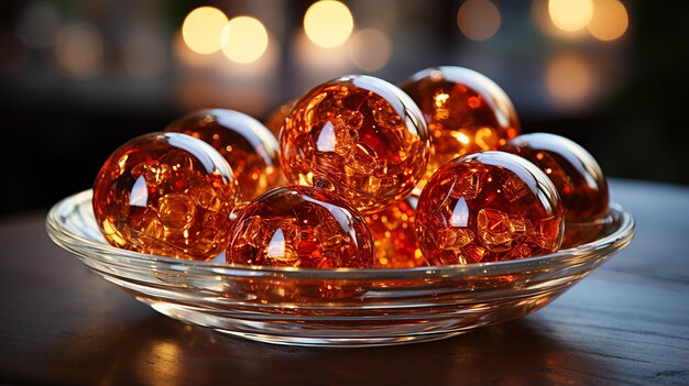 Amber_glass_christmas_ornaments_in_a_round_dish_on_th