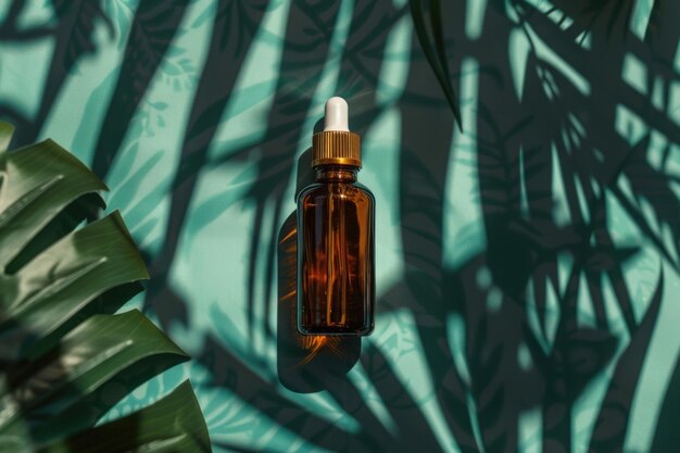 Photo amber glass essential oil bottle with pipette on green background