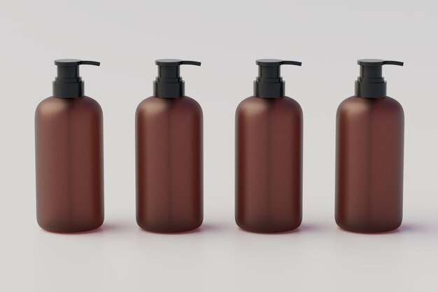 Amber Glass Pump Multiple Bottles MockUp Liquid Soap Shampoo Dispenser 3D Illustration