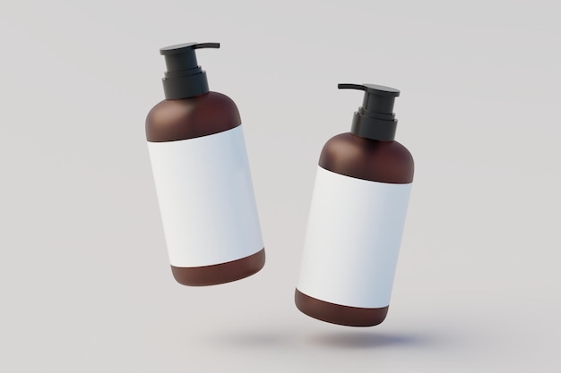 Photo amber glass pump multiple bottles mockup liquid soap shampoo dispenser 3d illustration