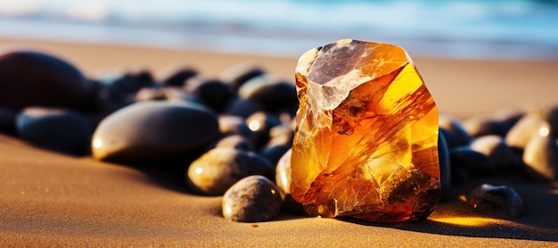 Amber op het zand op het strand in de zon