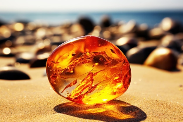 Amber on sand on the beach in sunshine