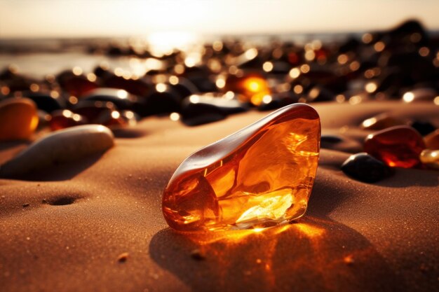 Amber on sand on the beach in sunshine